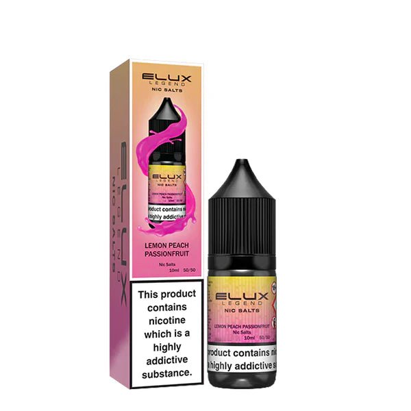 Elux Legend Nic Salts lemon peach passionfruit 10ml bottle and packaging on a white background - uk vape sales