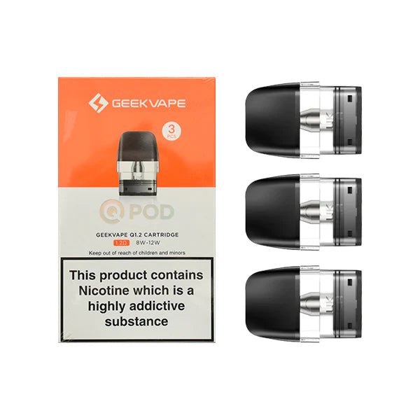GeekVape Q Replacement Pods 1.2 Ohm Q Refillable Pods with packaging on white background- UK Vape Sales