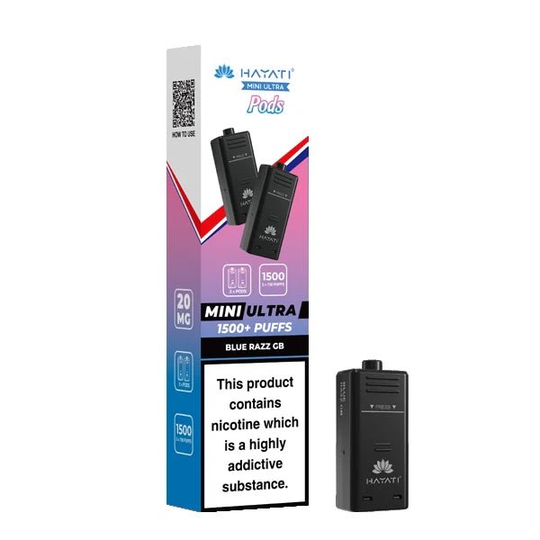 Hayati Mini Ultra Refill Pods blue razz gb with packaging on a white background - uk vape sales