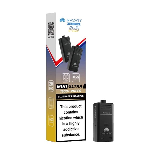 Hayati Mini Ultra Refill Pods blue razz pineapple with packaging on a white background - uk vape sales