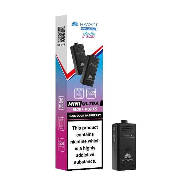 Hayati Mini Ultra Refill Pods blue sour raspberry with packaging on a white background - uk vape sales
