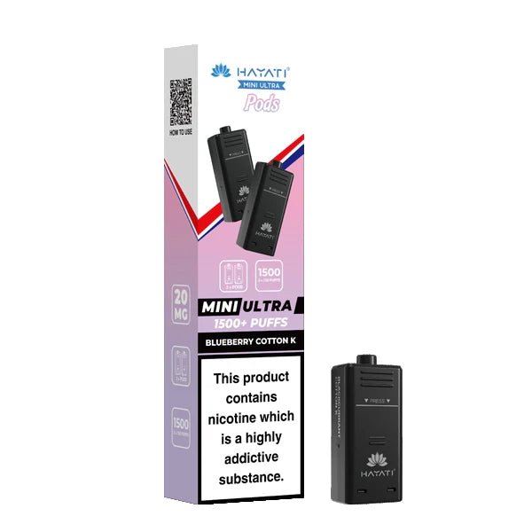Hayati Mini Ultra Refill Pods blueberry cotton k with packaging on a white background - uk vape sales
