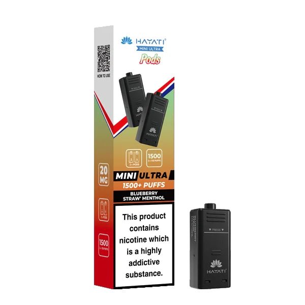 Hayati Mini Ultra Refill Pods blueberry straw menthol with packaging on a white background - uk vape sales