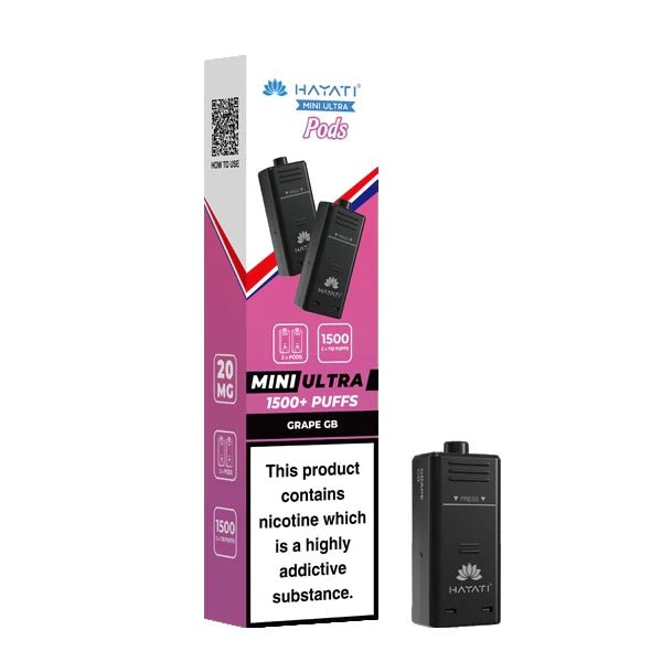 Hayati Mini Ultra Refill Pods grape gb with packaging on a white background - uk vape sales