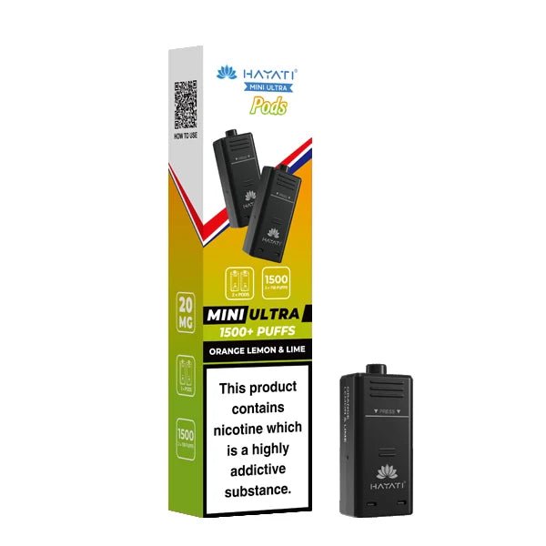 Hayati Mini Ultra Refill Pods orange lemon & lime with packaging on a white background - uk vape sales