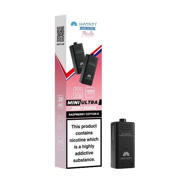 Hayati Mini Ultra Refill Pods raspberry cotton k with packaging on a white background - uk vape sales