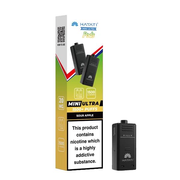 Hayati Mini Ultra Refill Pods sour apple with packaging on a white background - uk vape sales