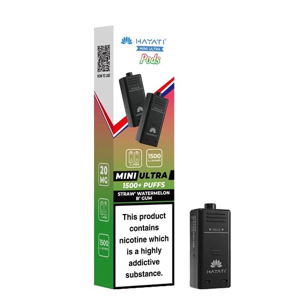 Hayati Mini Ultra Refill Pods straw watermelon b'gum with packaging on a white background - uk vape sales