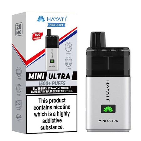 Hayati mini ultra vape kit blueberry straw menthol blueberry raspberry menthol device and packaging on a white background - uk vape sales