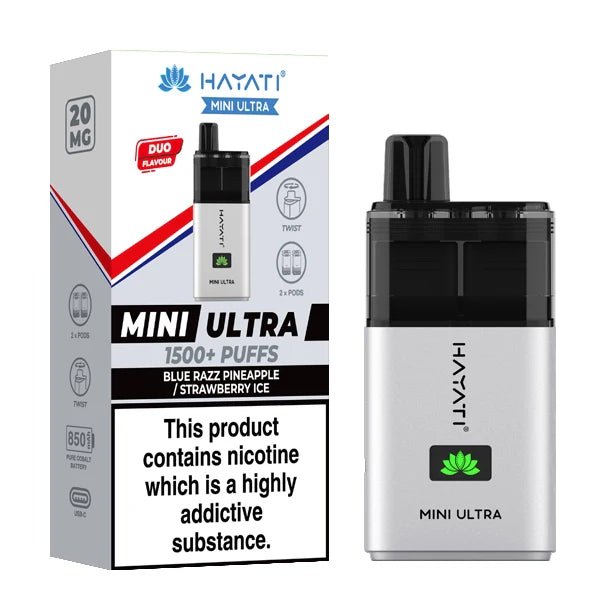 Hayati mini ultra vape kit blue razz pineapple strawberry ice device and packaging on a white background - uk vape sales