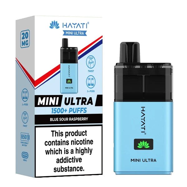 Hayati mini ultra vape kit blue sour raspberry device and packaging on a white background - uk vape sales