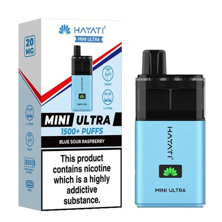 Hayati mini ultra vape kit blue sour raspberry device and packaging on a white background - uk vape sales