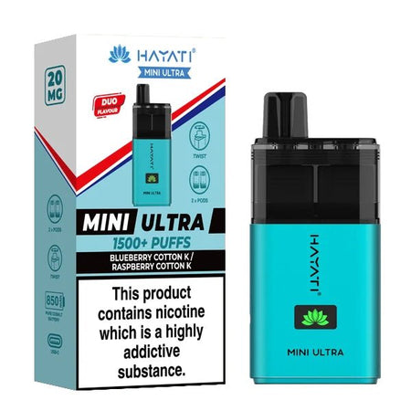 Hayati mini ultra vape kit blueberry cotton k raspberry cotton k device and packaging on a white background - uk vape sales