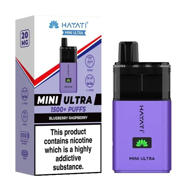 Hayati mini ultra vape kit blueberry raspberry device and packaging on a white background - uk vape sales