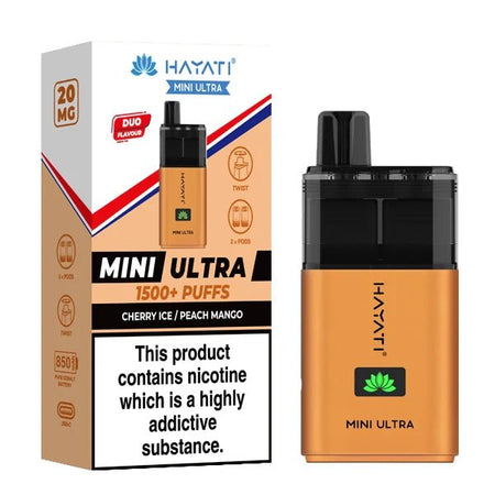 Hayati mini ultra vape kit cherry ice peach mango device and packaging on a white background - uk vape sales