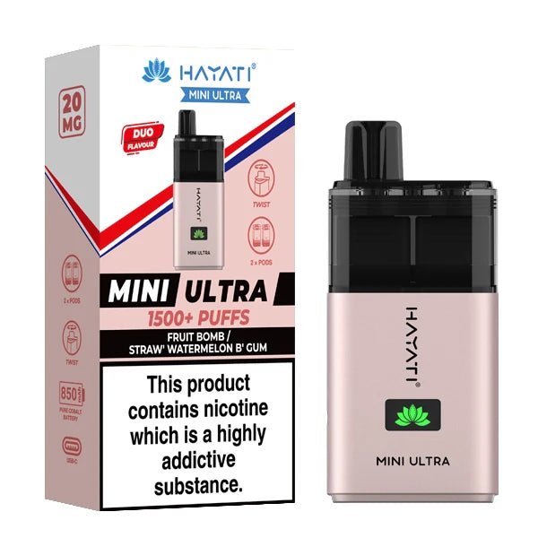 Hayati mini ultra vape kit fruit bomb straw watermelon b'gum device and packaging on a white background - uk vape sales