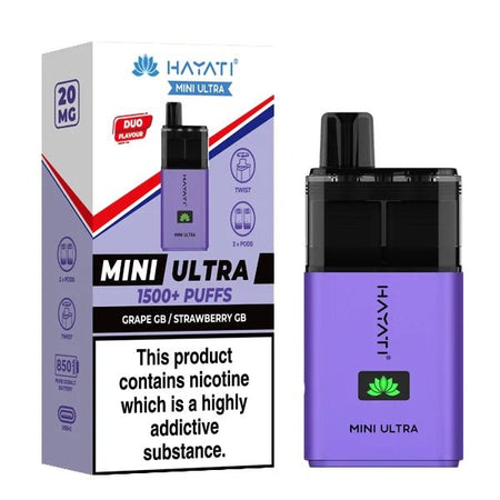 Hayati mini ultra vape kit grape gb strawberry gb device and packaging on a white background - uk vape sales