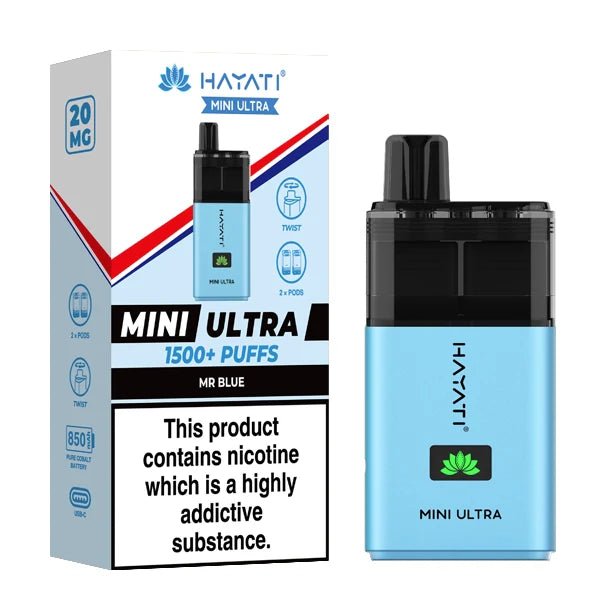 Hayati mini ultra vape kit mr blue device and packaging on a white background - uk vape sales