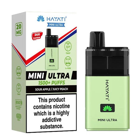 Hayati mini ultra vape kit sour apple juicy peach device and packaging on a white background - uk vape sales