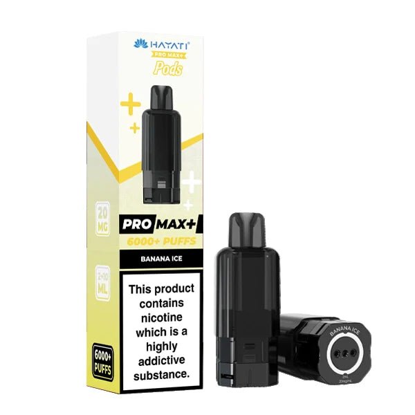 Hayati Pro Max Plus Refill Pods banana ice prefilled pod with packaging on a white background - uk vape sales