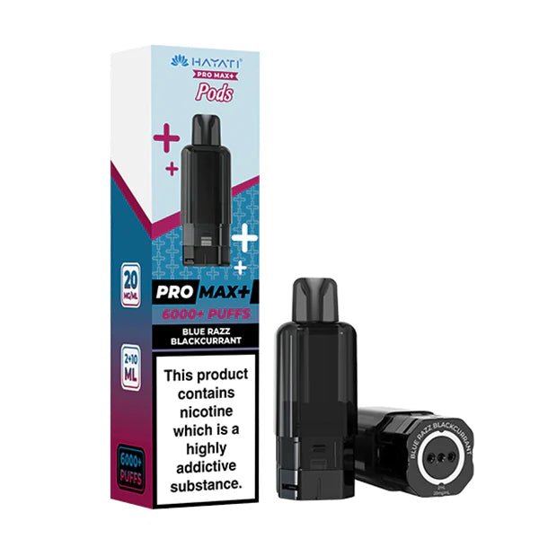 Hayati Pro Max Plus Refill Pods blue razz blackcurrant prefilled pod with packaging on a white background - uk vape sales