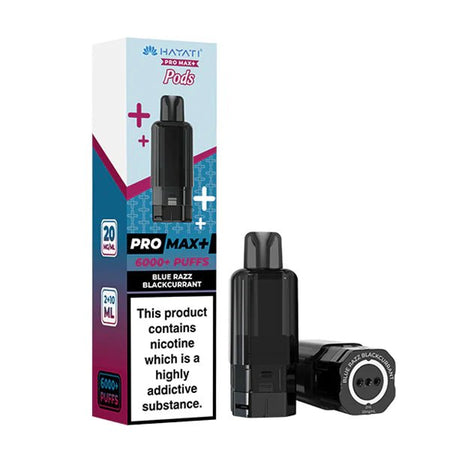 Hayati Pro Max Plus Refill Pods blue razz blackcurrant prefilled pod with packaging on a white background - uk vape sales