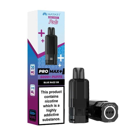Hayati Pro Max Plus Refill Pods blue razz gb prefilled pod with packaging on a white background - uk vape sales