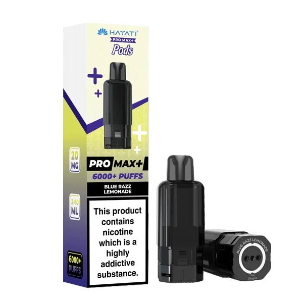 Hayati Pro Max Plus Refill Pods blue razz lemonade prefilled pod with packaging on a white background - uk vape sales