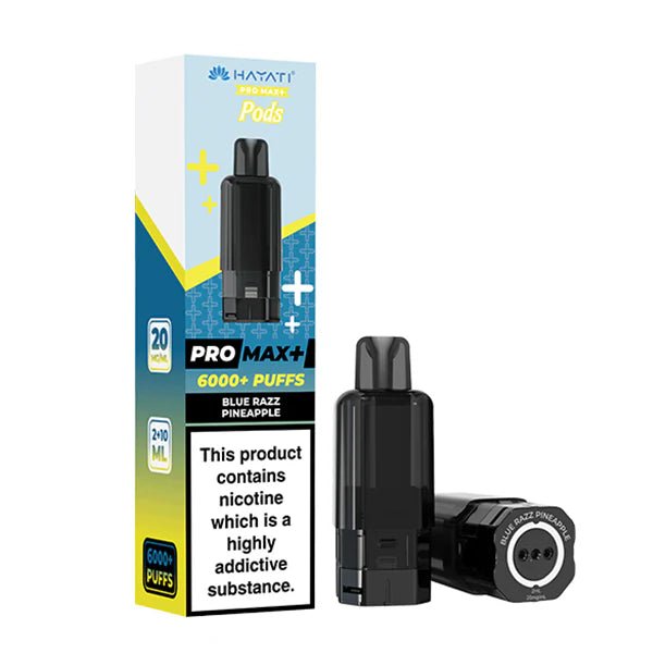 Hayati Pro Max Plus Refill Pods blue razz pineapple prefilled pod with packaging on a white background - uk vape sales