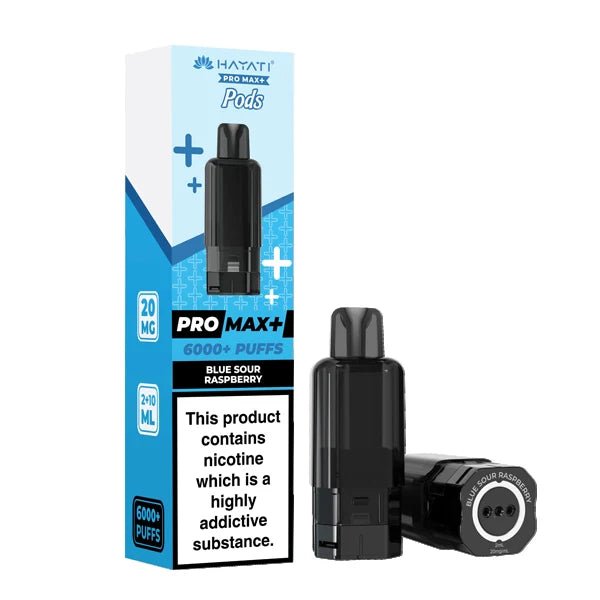 Hayati Pro Max Plus Refill Pods blue sour raspberry prefilled pod with packaging on a white background - uk vape sales