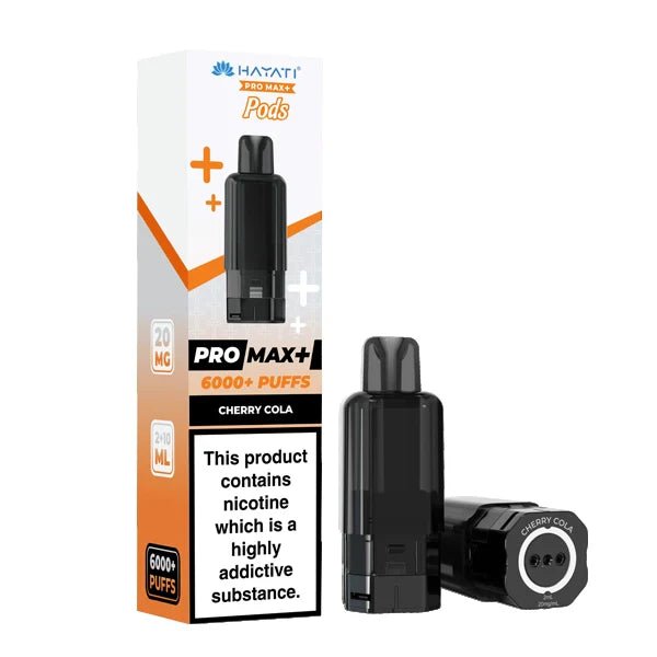 Hayati Pro Max Plus Refill Pods cherry cola prefilled pod with packaging on a white background - uk vape sales