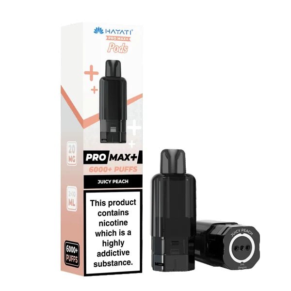 Hayati Pro Max Plus Refill Pods juicy peach prefilled pod with packaging on a white background - uk vape sales
