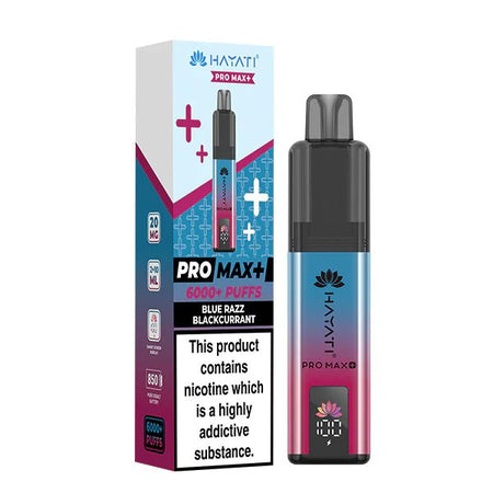 Hayati Pro Max Plus vape kit blue razz blackcurrant device and packaging on a white background - uk vape sales