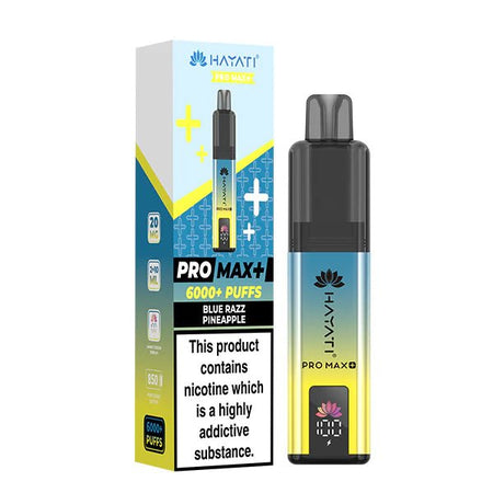 Hayati Pro Max Plus vape kit blue razz pineapple device and packaging on a white background - uk vape sales