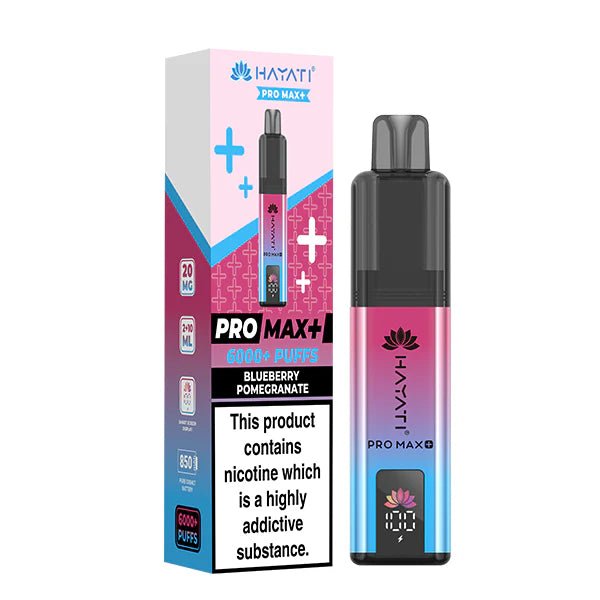 Hayati Pro Max Plus vape kit blueberry pomegranate device and packaging on a white background - uk vape sales