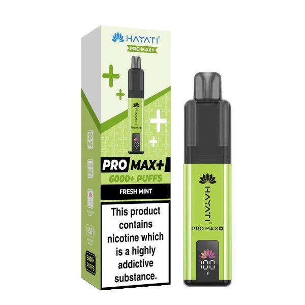 Hayati Pro Max Plus vape kit fresh mint device and packaging on a white background - uk vape sales