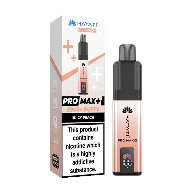 Hayati Pro Max Plus vape kit juicy peach device and packaging on a white background - uk vape sales