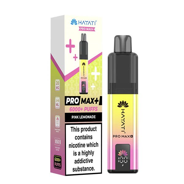 Hayati Pro Max Plus vape kit pink lemonade device and packaging on a white background - uk vape sales