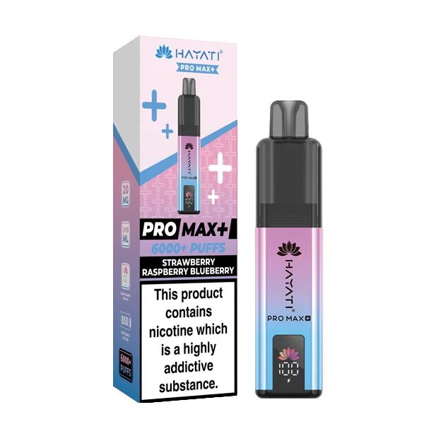 Hayati Pro Max Plus vape kit strawberry raspberry blueberry device and packaging on a white background - uk vape sales