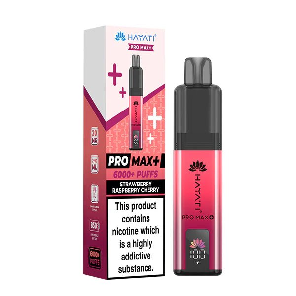 Hayati Pro Max Plus vape kit strawberry rsapberry cherry device and packaging on a white background - uk vape sales