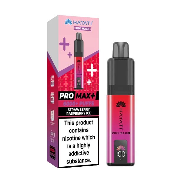 Hayati Pro Max Plus vape kit strawberry rsapberry ice device and packaging on a white background - uk vape sales