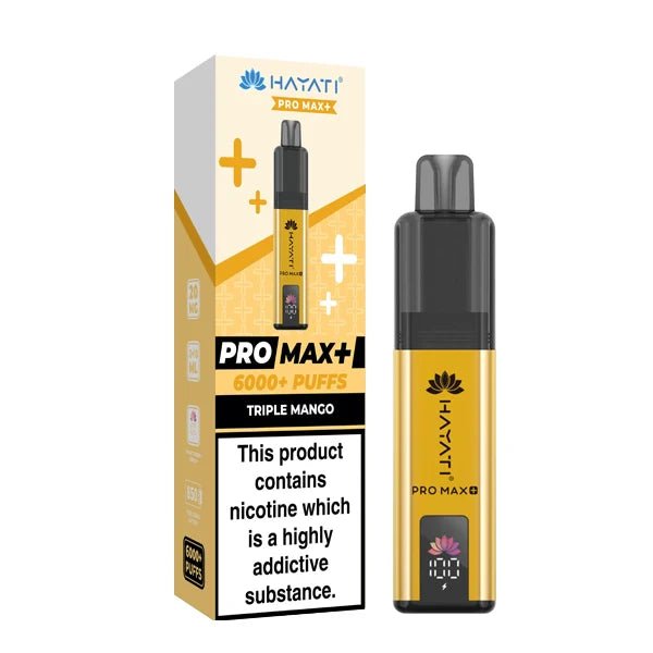 Hayati Pro Max Plus vape kit triple mango device and packaging on a white background - uk vape sales