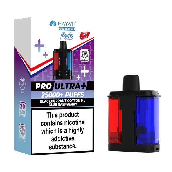 Hayati Pro Ultra Plus 25K Refill Pods blackcurrant cotton k blue raspberry with packaging on a white background - uk vape sales