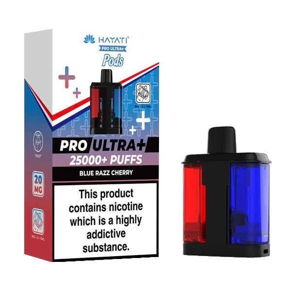 Hayati Pro Ultra Plus 25K Refill Pods blue razz cherry with packaging on a white background - uk vape sales