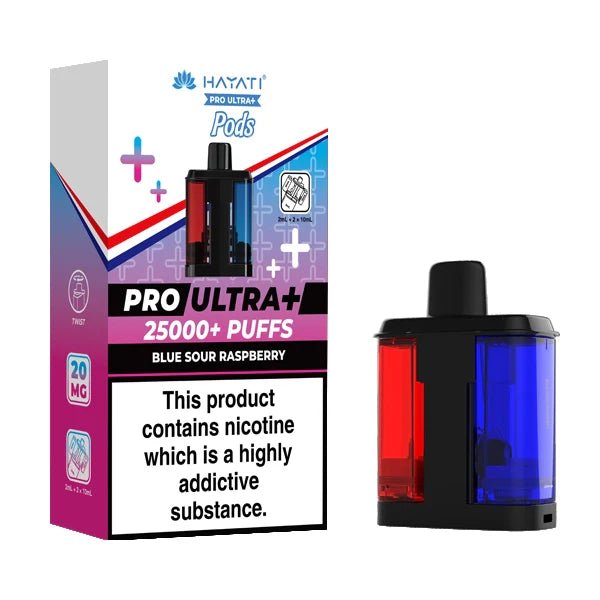 Hayati Pro Ultra Plus 25K Refill Pods blue sour raspberry with packaging on a white background - uk vape sales
