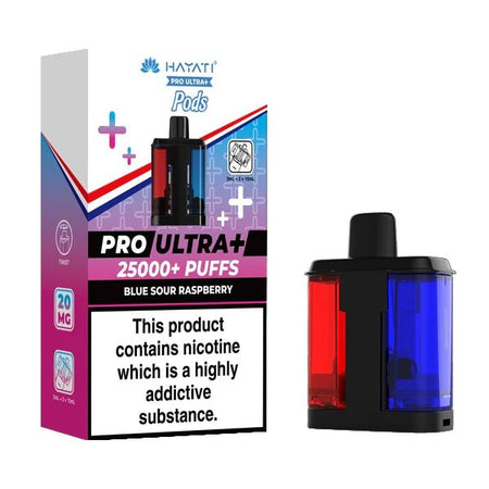 Hayati Pro Ultra Plus 25K Refill Pods blue sour raspberry with packaging on a white background - uk vape sales