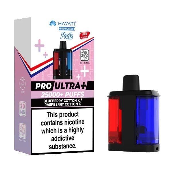 Hayati Pro Ultra Plus 25K Refill Pods blueberry cotton k raspberry cotton k with packaging on a white background - uk vape sales