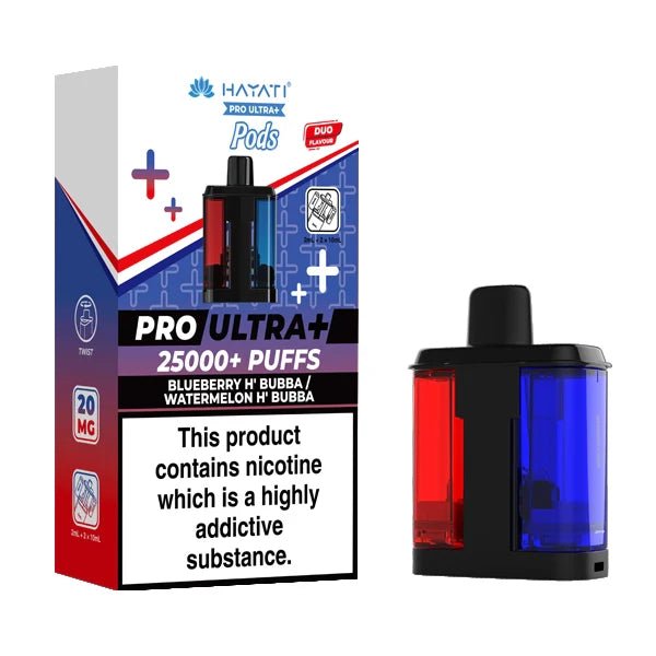 Hayati Pro Ultra Plus 25K Refill Pods blueberry h bubba wateremelon h bubba with packaging on a white background - uk vape sales