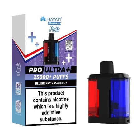 Hayati Pro Ultra Plus 25K Refill Pods blueberry raspberry with packaging on a white background - uk vape sales