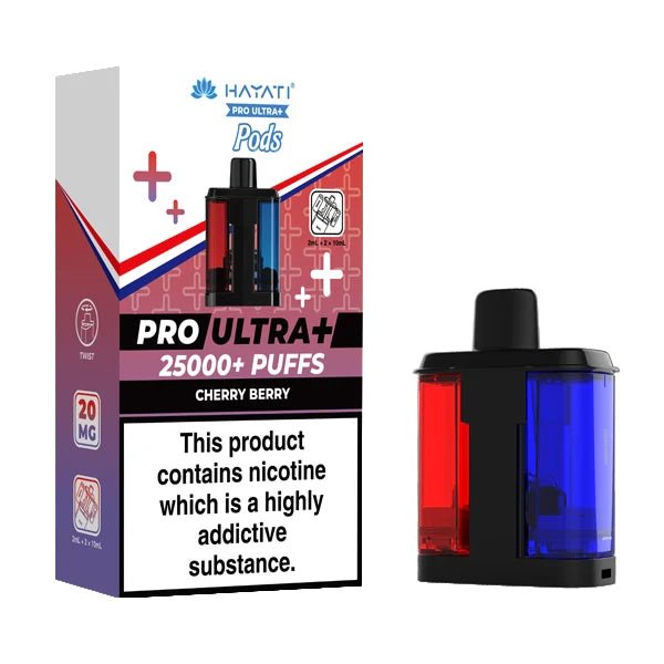 Hayati Pro Ultra Plus 25K Refill Pods cherry berry with packaging on a white background - uk vape sales